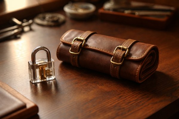 Set per iniziare al lockpicking come hobby: lucchetto trasparente da esercitazione e borsa porta attrezzi