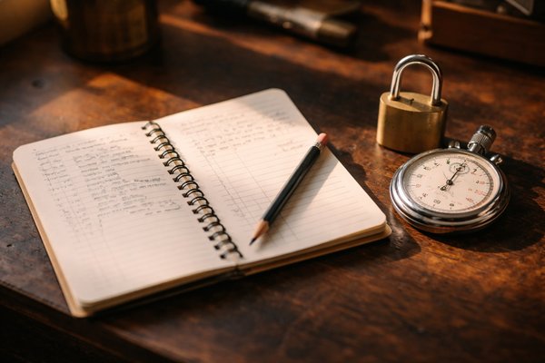 Diario di allenamento e cronometro per tracciare i progressi nel locksport, accanto a un lucchetto