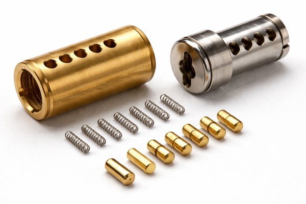 cilindro a spilli smontato: rotore, molle, spilli chiave e controspilli