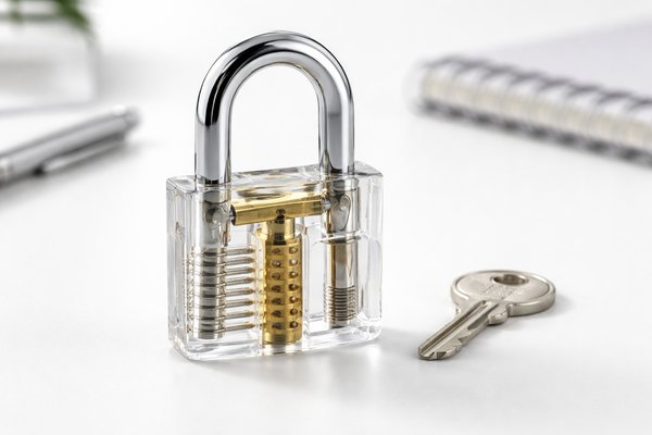 lucchetto trasparente da esercitazione con spilli e molle visibili