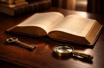 Libro di legge aperto su una scrivania accanto a una vecchia chiave e una lente d'ingrandimento